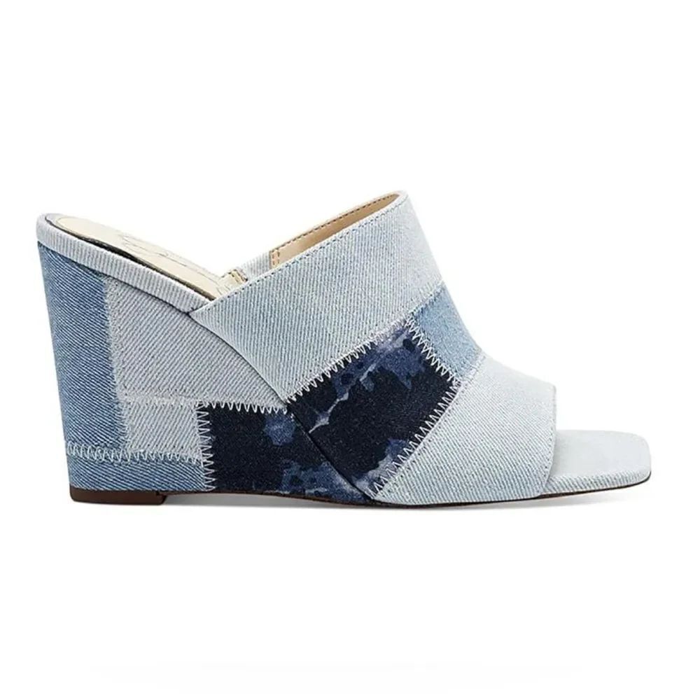 Jessica Simpson Blue Denim Patchwork Slip on Wedge Heel Sandals(Size 9W)